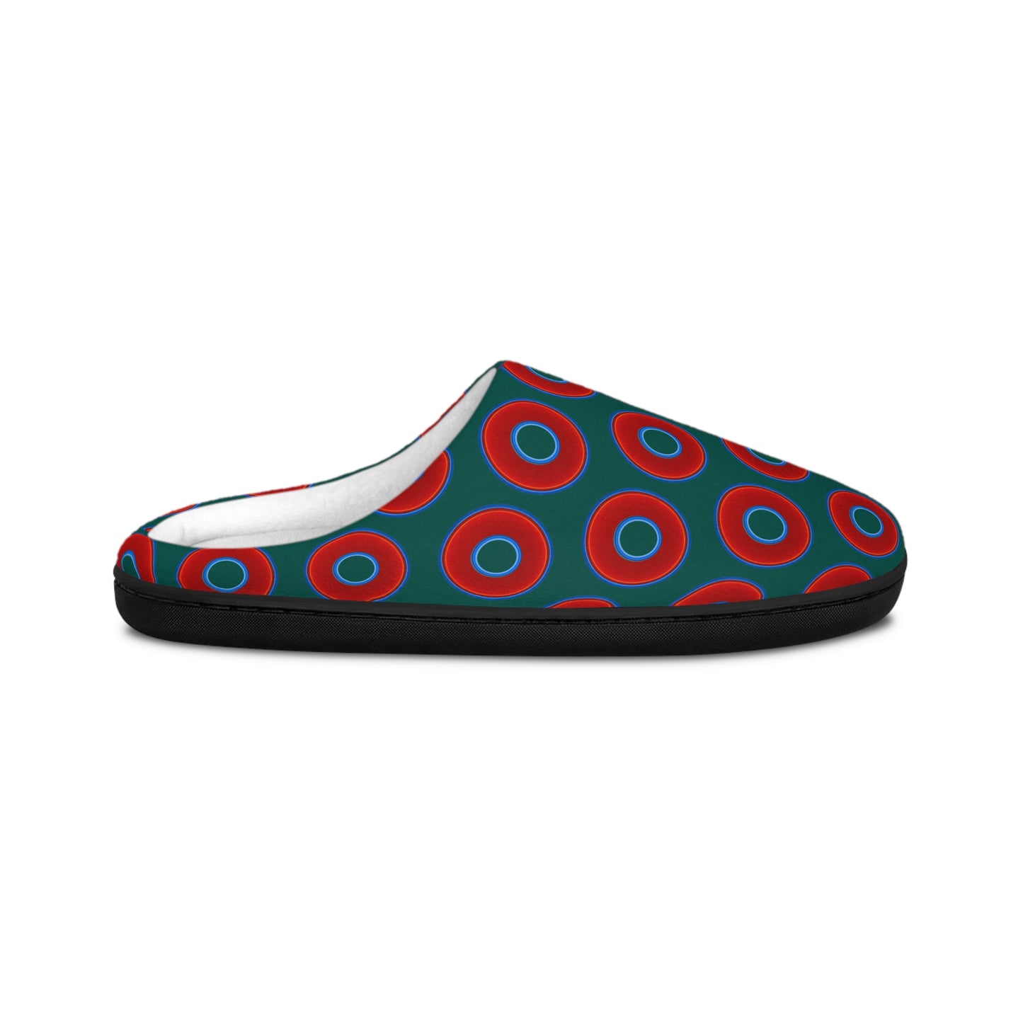 Women's Lumpy Slippers - red vivid donut print w/dark Fenway green background