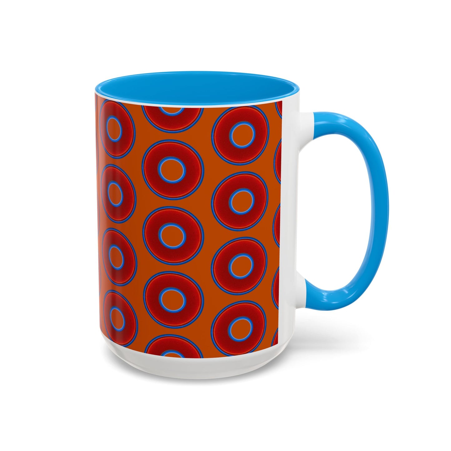 Lump's Grumpy Coffee Mug - vivid red donuts w/dark orange background
