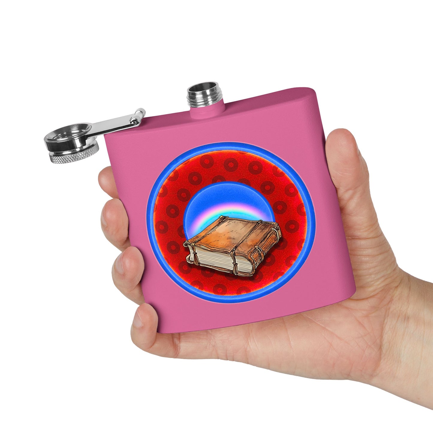 Lump's Donut Flask 6 oz -  "Helping Phriendly Flask" - red/blue widemouthed paradox donut - [*w/your choice of 6 backgrounds]