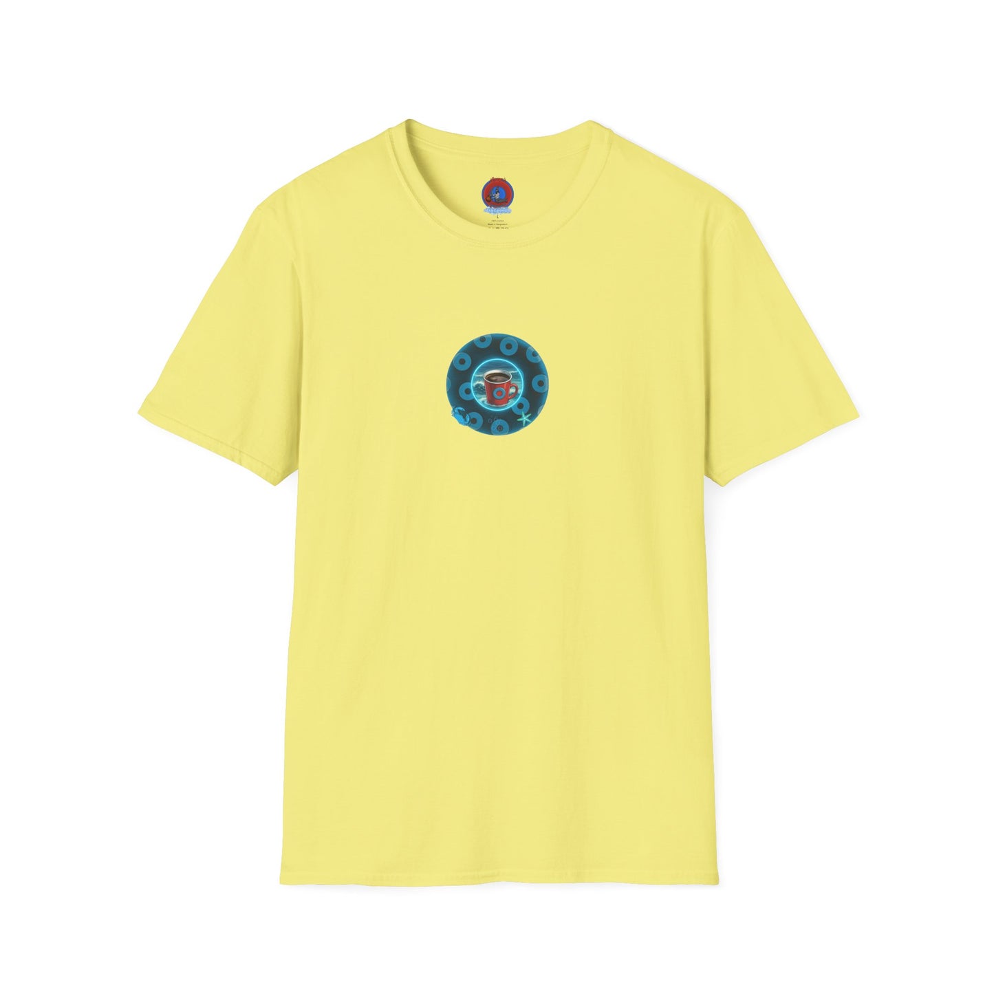 Lumpy Coffee Traders Tee - Unisex Soft-Style - "Good to Last Leaky Drop" - paradoxical donut - variant 2 - ocean donut front/logo back