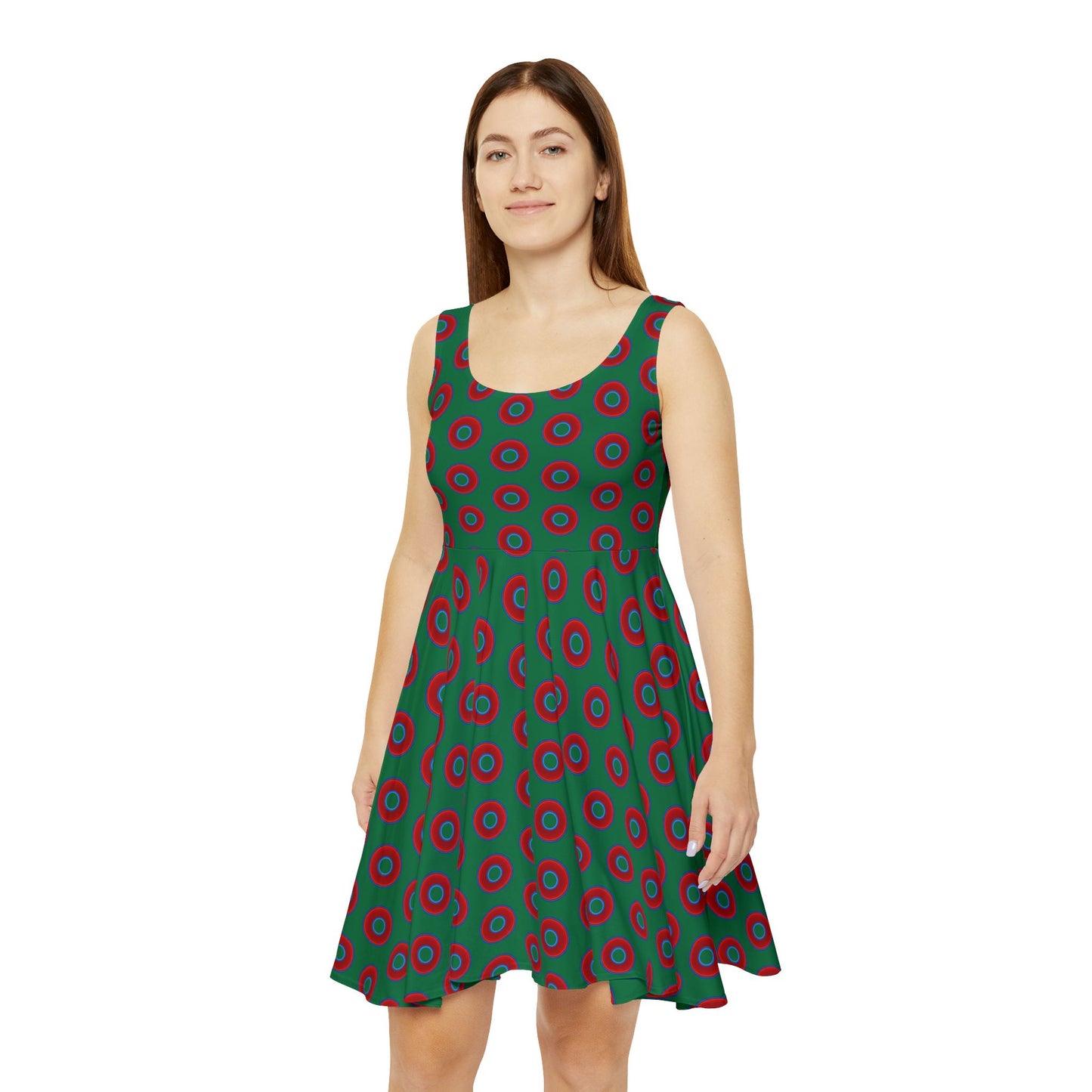 Women's Skater Donut Dress - vivid red donut print w/green background