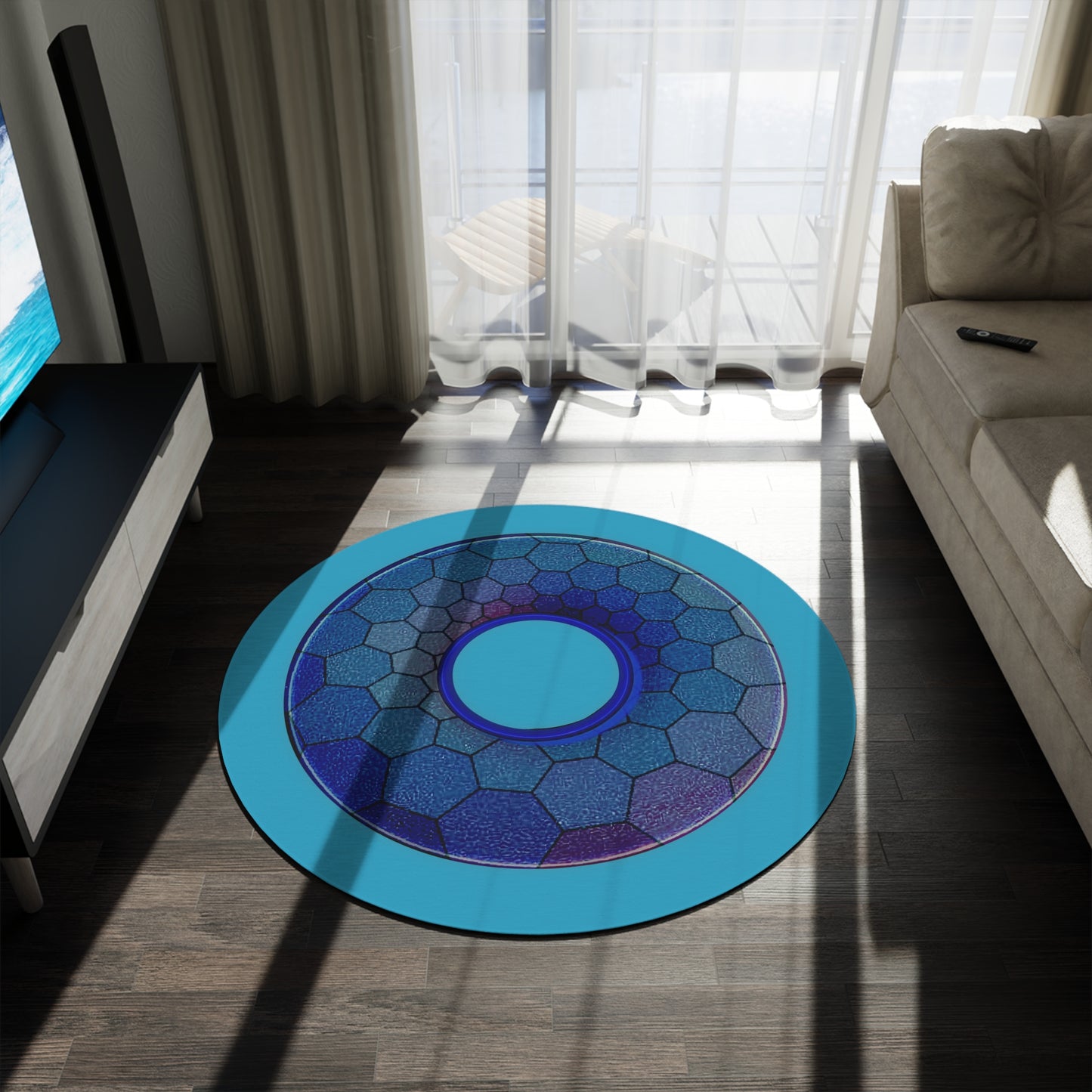 Round Room - 5 ft x 5 ft Lumpy Donut Rug - "Plain Hexadonut" - blue hexadonut w/turquoise background - variant 2