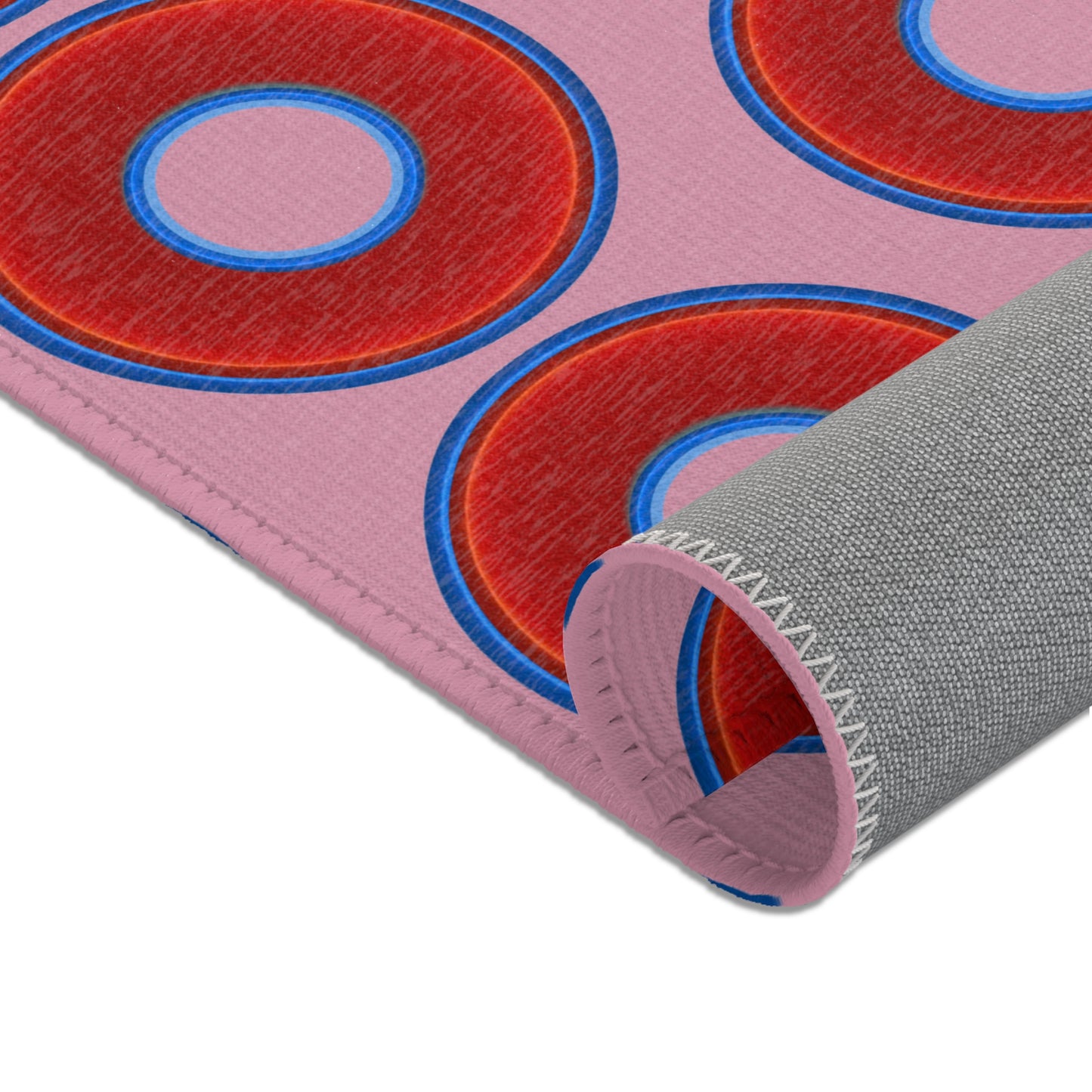 Lumpy Donut Print Rug - choice of 3 sizes - vivid red donut print w/pale magenta background