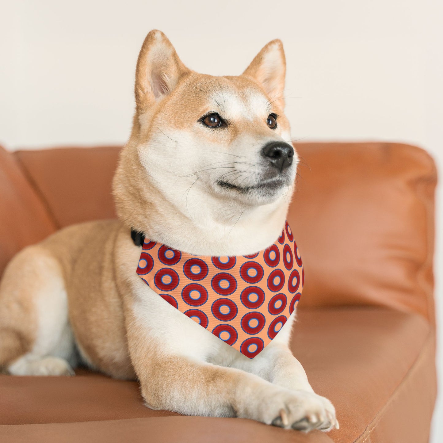 Jim's Lumpy Bandana Pet Collar - vivid red donuts w/peach background