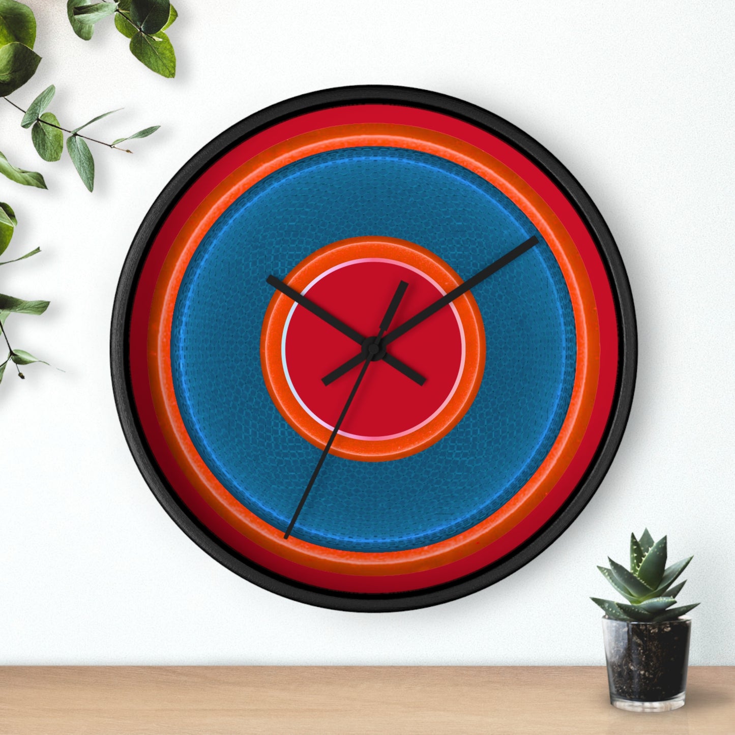 Lumpy Wall Clock - blue rustic donut w/light red/orange edging - variant 8 w/red background