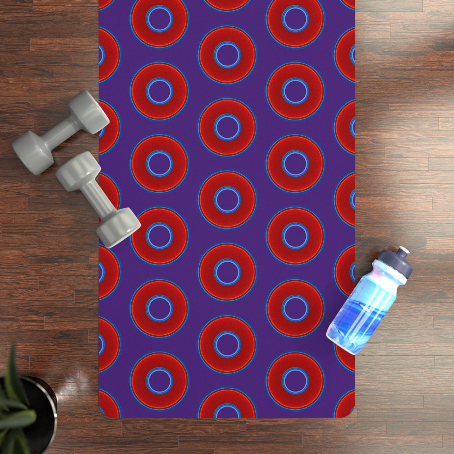 Lumpy Donut Yoga Mat :) - 24″ x 70" - vivid red donut print w/purple background