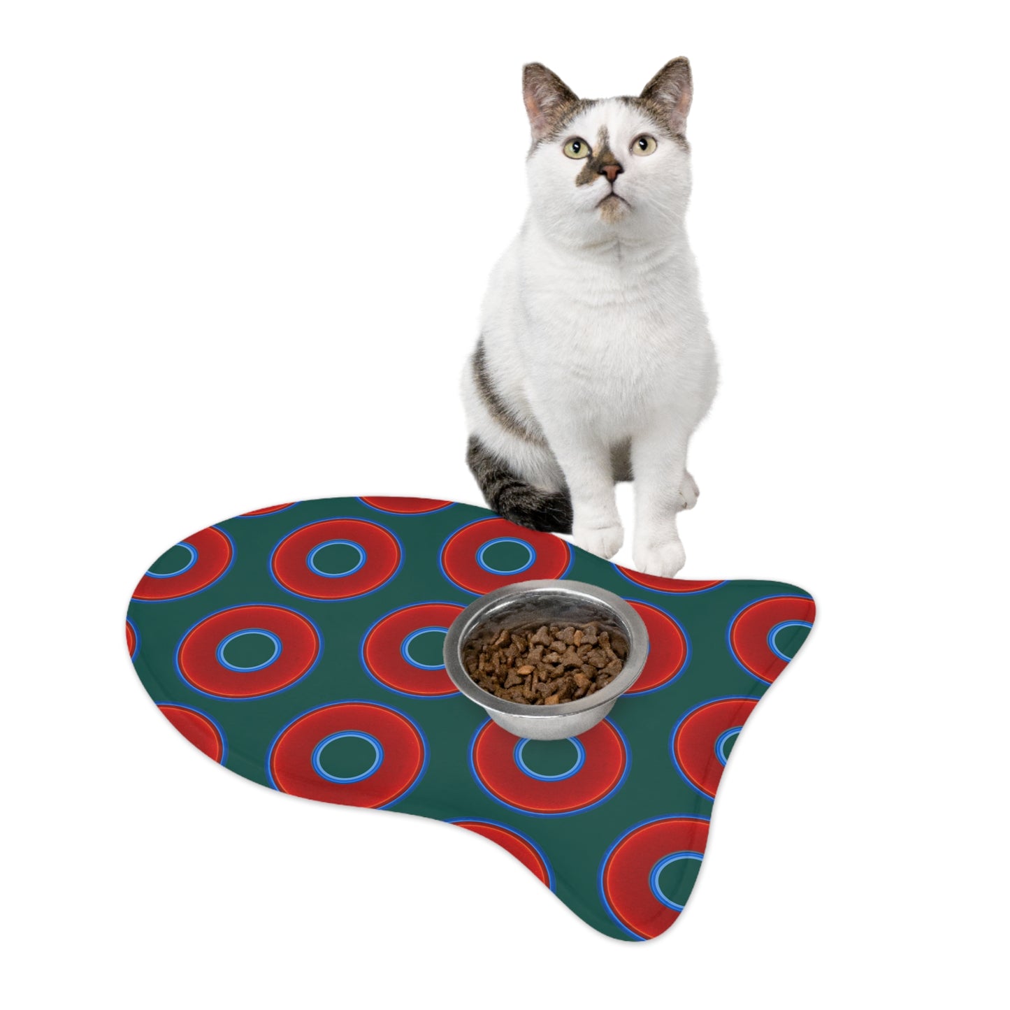 Wendy's Lumpy Pet Feed Mat - vivid red donuts w/dark Fenway green background