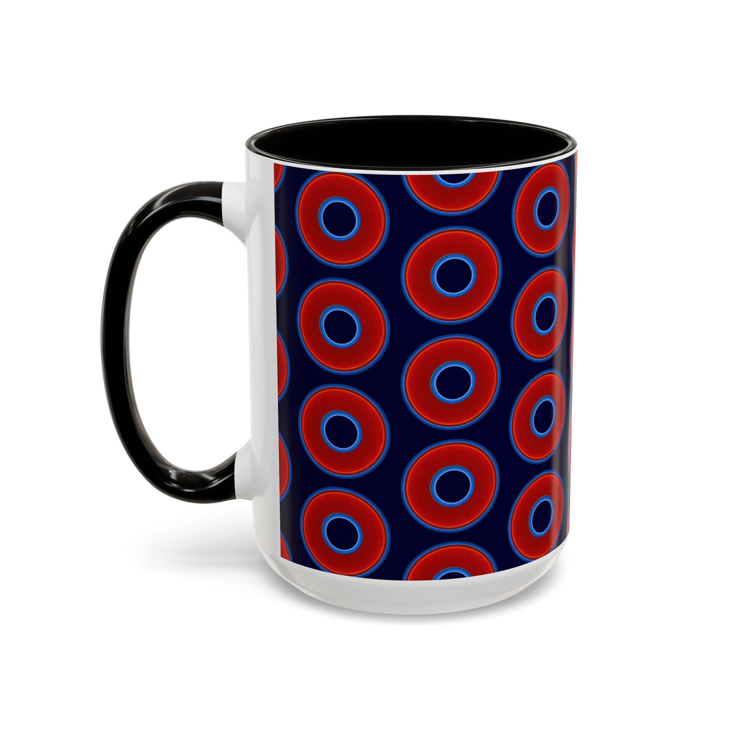 Lump's Grumpy Coffee Mug - vivid red donuts w/midnight blue background