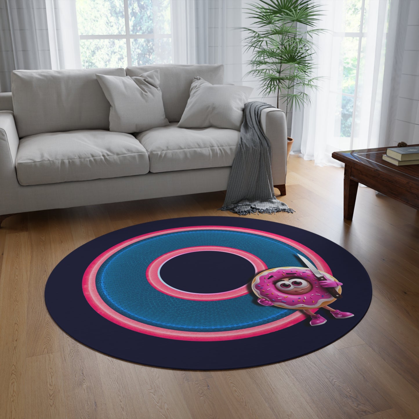 Round Room - 5 ft x 5 ft Lumpy Donut Rug - "My Phriend the Donut Rug" - rustic blue/pink donut w/dark navy background - variant 2