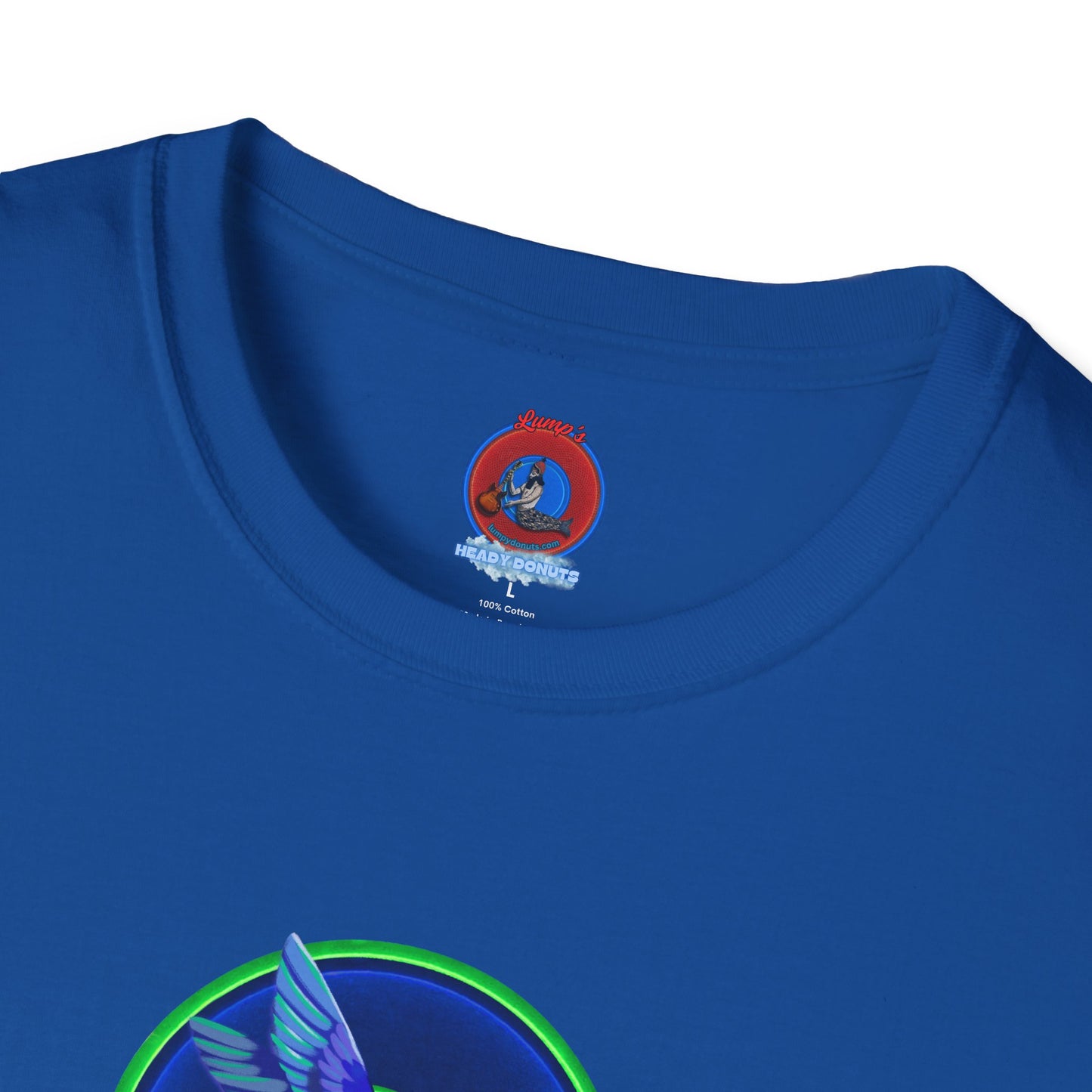 Classic Donut Tee - Unisex Soft-Style - "Invitation for Donuts & Tea" - vivid blue/green donut