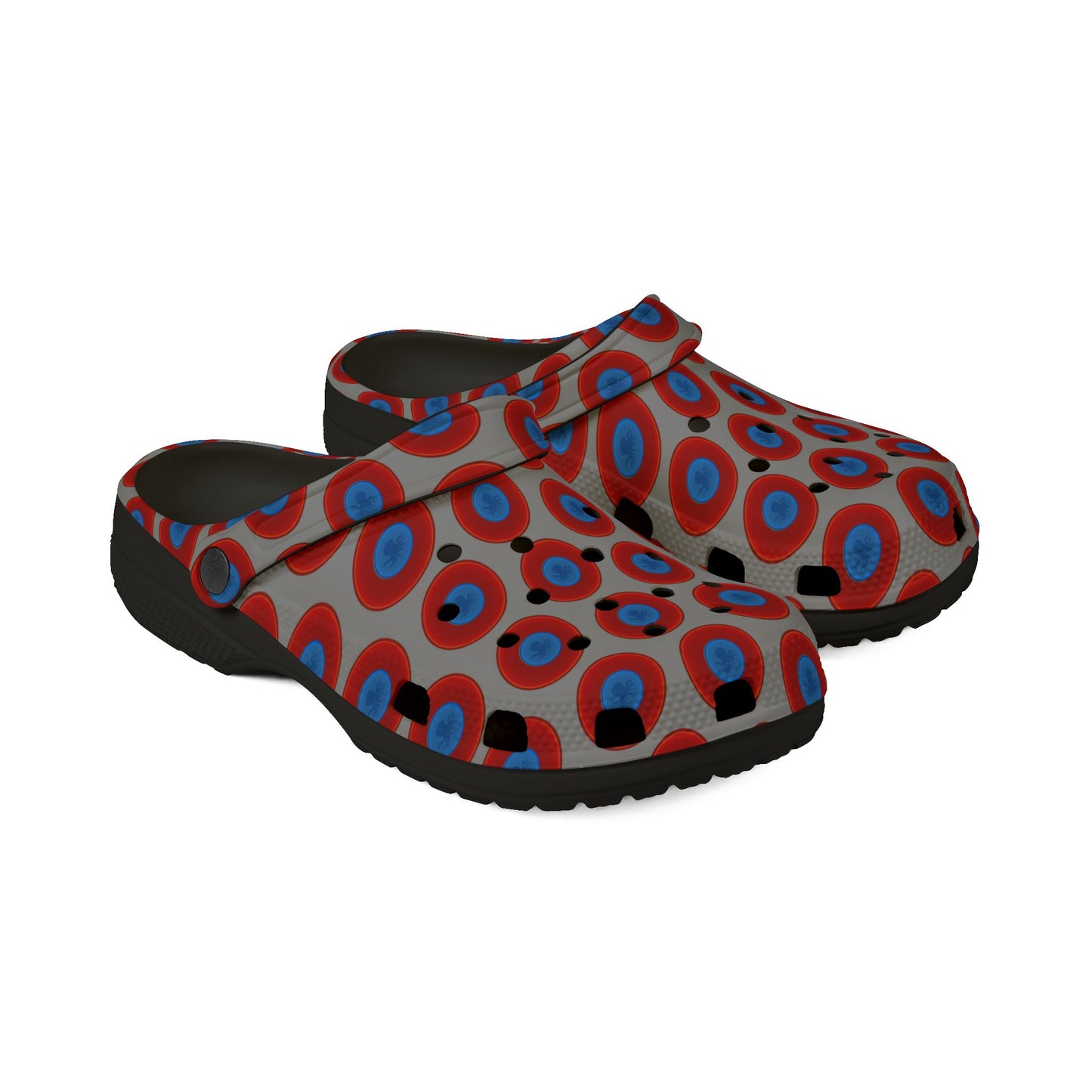 Spatchcocks - donut slip-on shoes - "Roger Moore's Octopussy Donut" - red vivid donuts w/gray background [unisex]