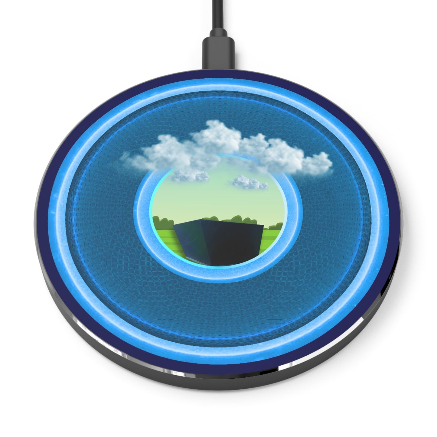 The Flow - Wireless Lumpy Donut Chargers - "Got Rhombus Wireless Charger?" - rustic light blue/blue donut w/navy background - variant 1