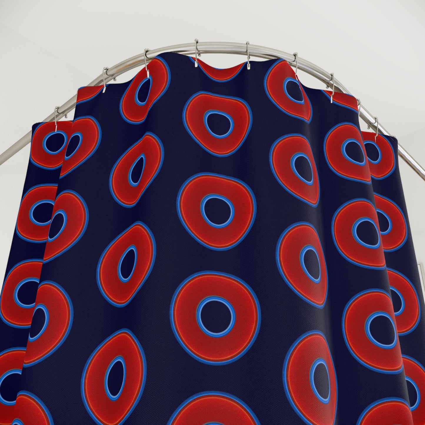 The Curtain With "Donuts" - Lumpy Bath Time Fun - vivid red donuts w/midnight blue background