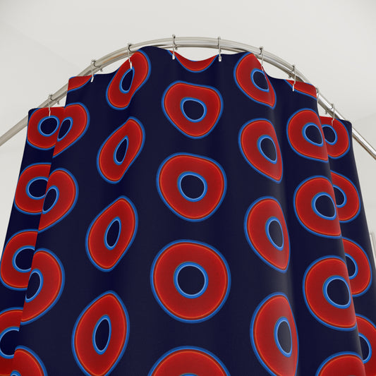 The Curtain With "Donuts" - Lumpy Bath Time Fun - vivid red donuts w/midnight blue background
