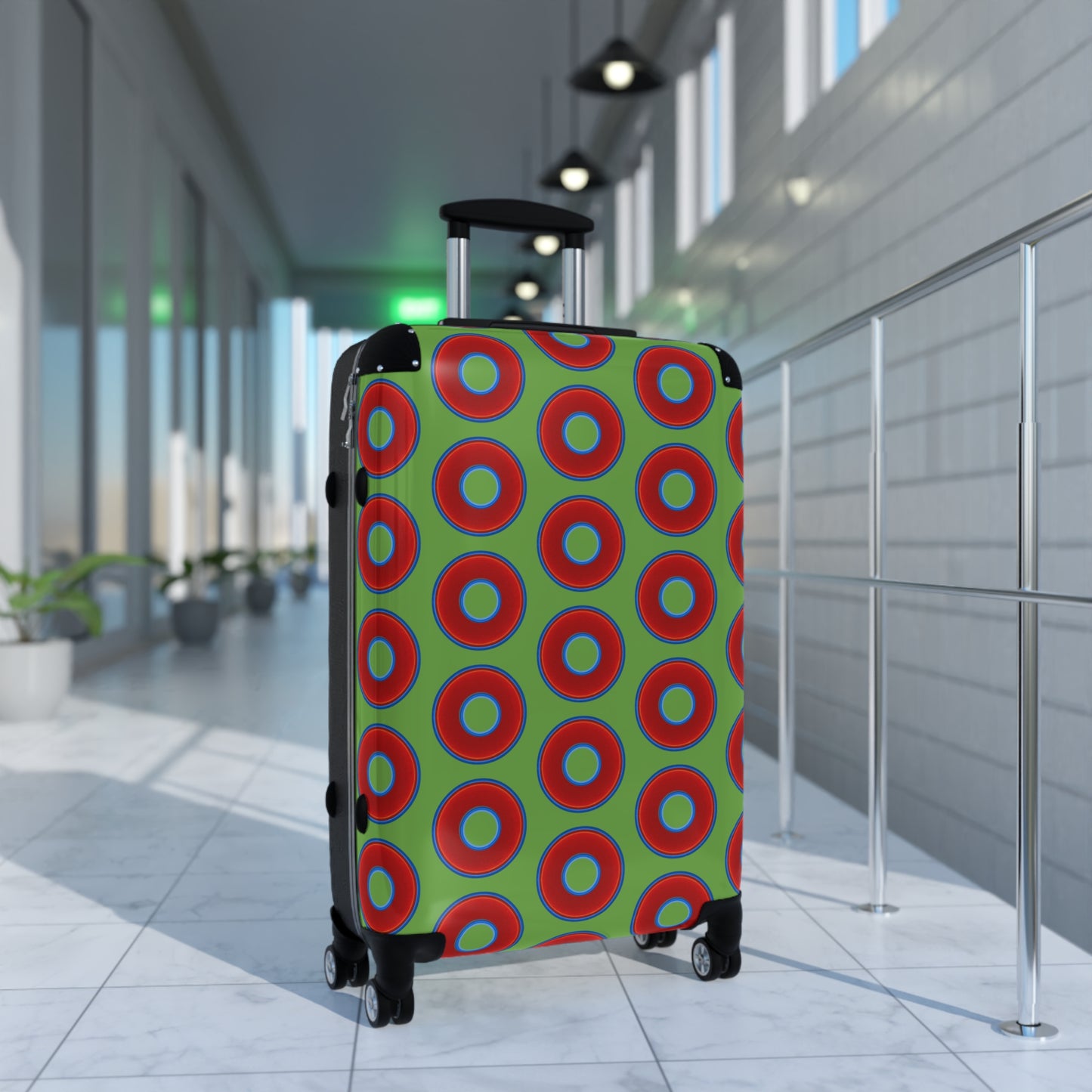 The Very Lumpy Donut Suitcase series - your choice of S, M or L - vivid red donut print w/lime green background