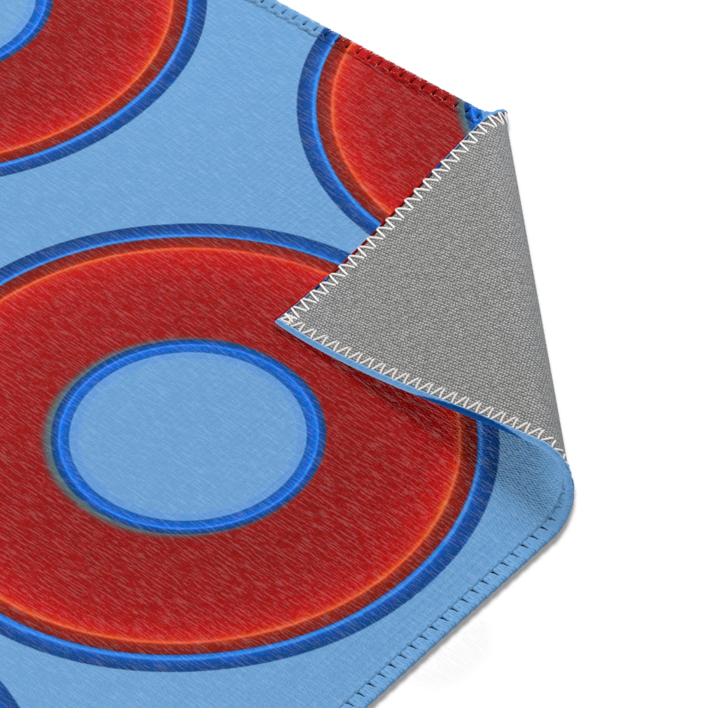 Lumpy Donut Print Rug - choice of 3 sizes - vivid red donut print w/light blue background