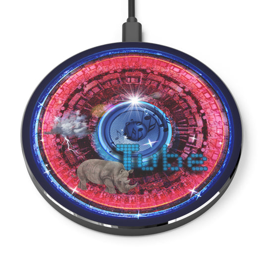 The Flow - Wireless Lumpy Donut Chargers - "Rhinos do Run from Thunder & Wireless Charging" - red tube donut w/midnight blue background - variant 1