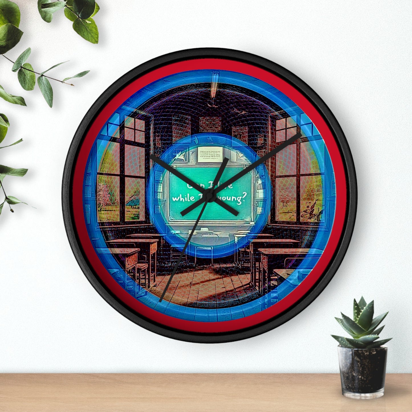 Lumpy Wall Clock - "The Torturous Donut Clock" - rustic blue/red pic donut w/dark red background