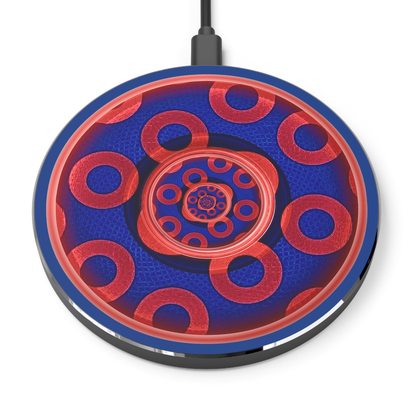 The Flow - Wireless Lumpy Donut Chargers - paradoxical rustic red/blue donut w/red background - variant 1