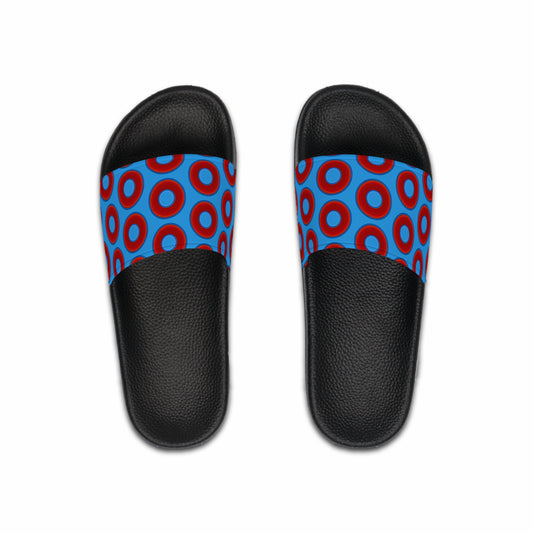 Men's Lumpy Sandals - slip-ons - red vivid donuts w/sky royal blue background