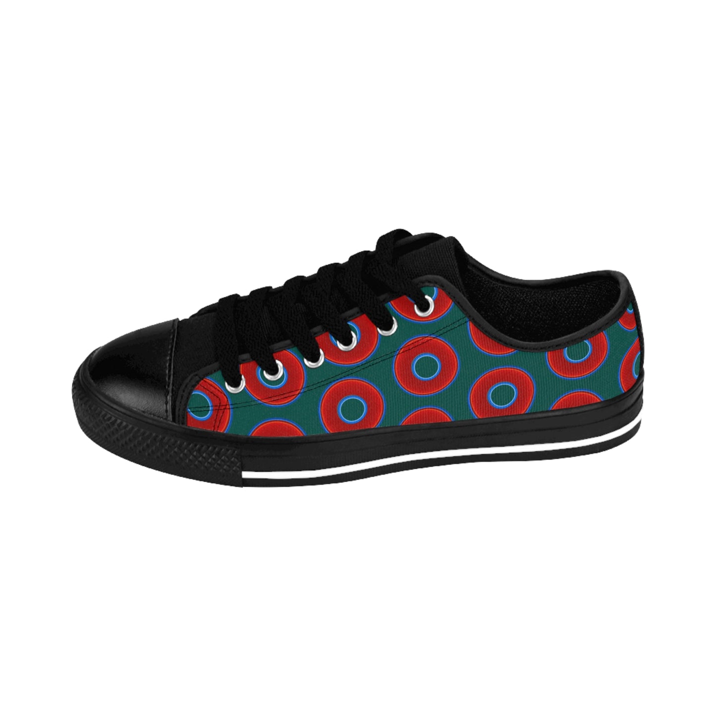 Women's Cushiony Convectors - Low Top - large red vivid donut print w/dark Fenway green background