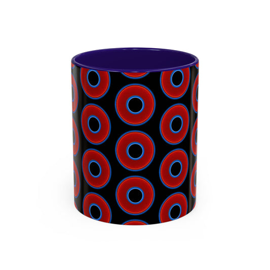 Lump's Grumpy Coffee Mug - vivid red donuts w/black background