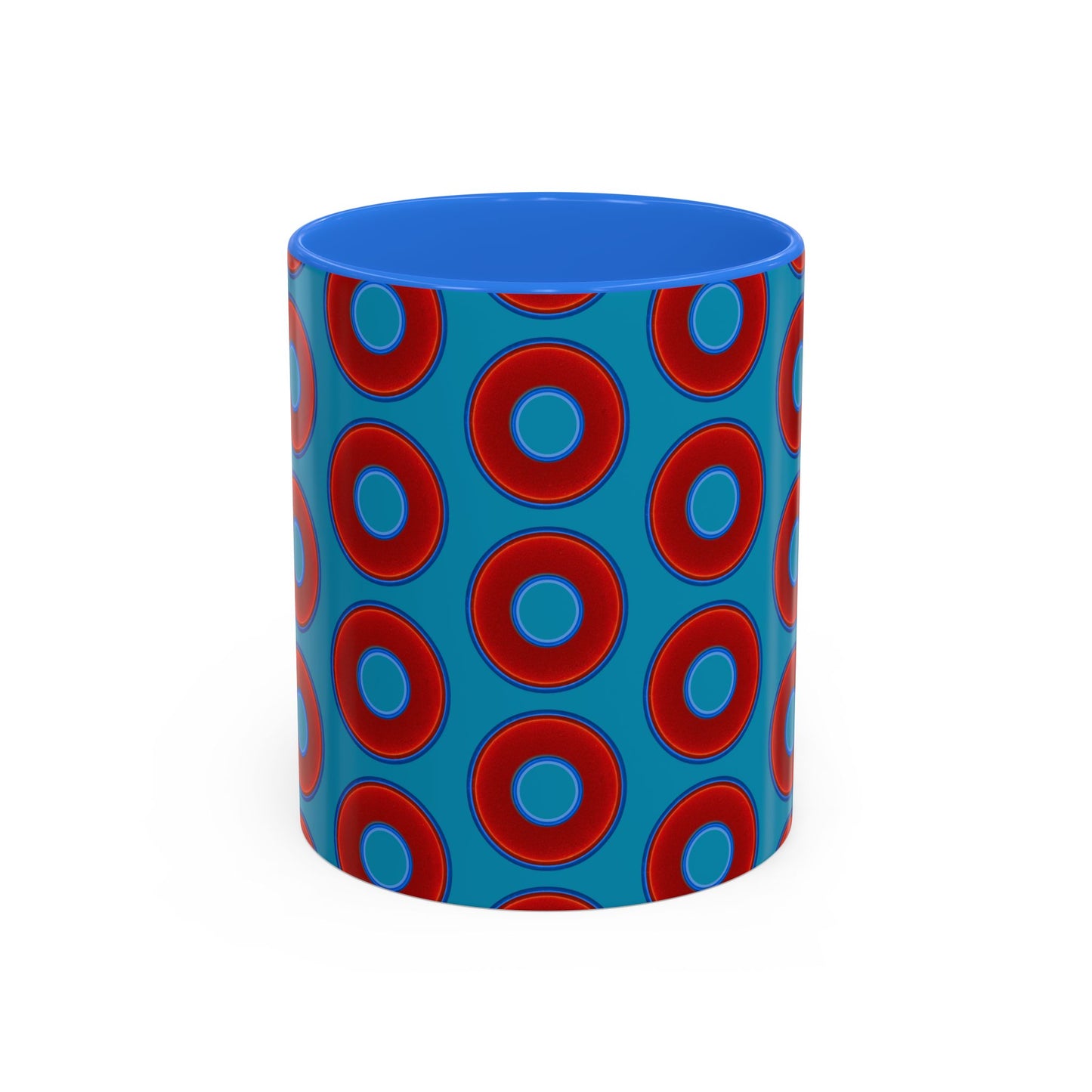 Lump's Grumpy Coffee Mug - vivid red donuts w/aquamarine blue background
