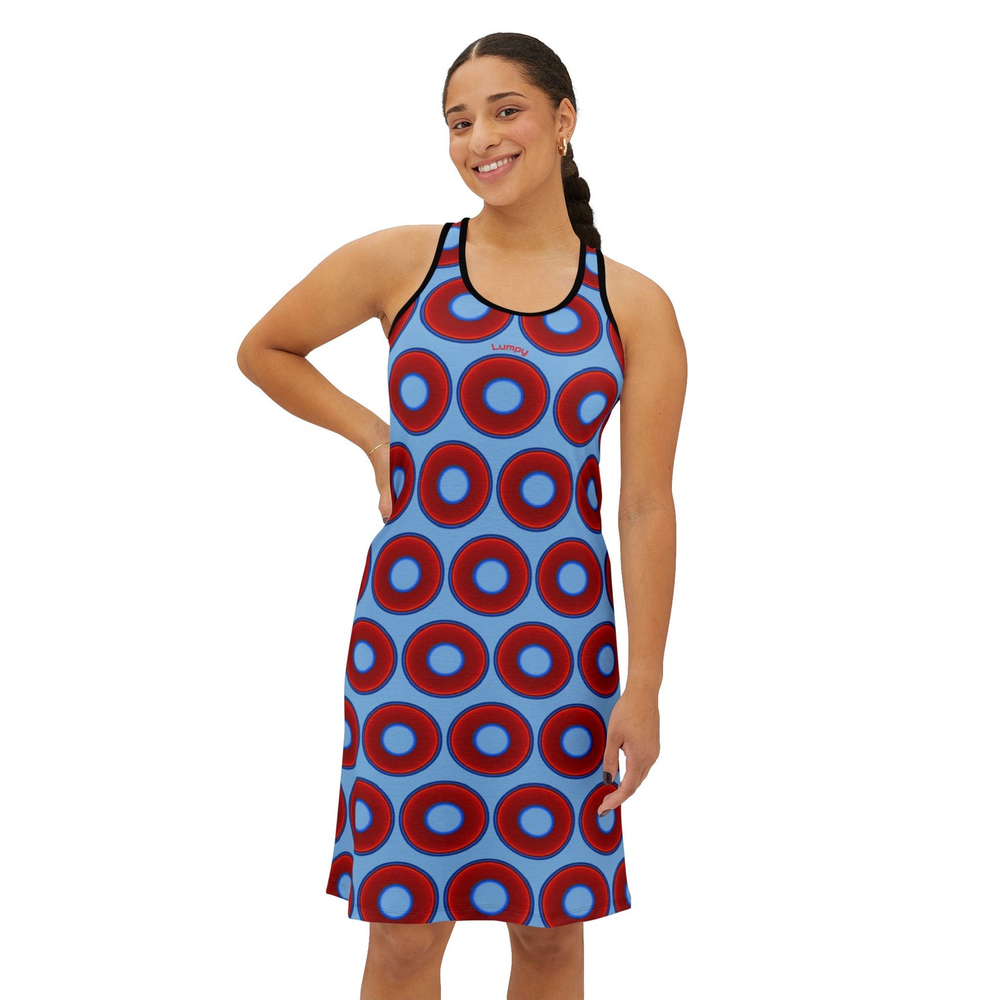 Tela's Lumpy Racerback Donut Dress - red vivid donut print w/sky blue background
