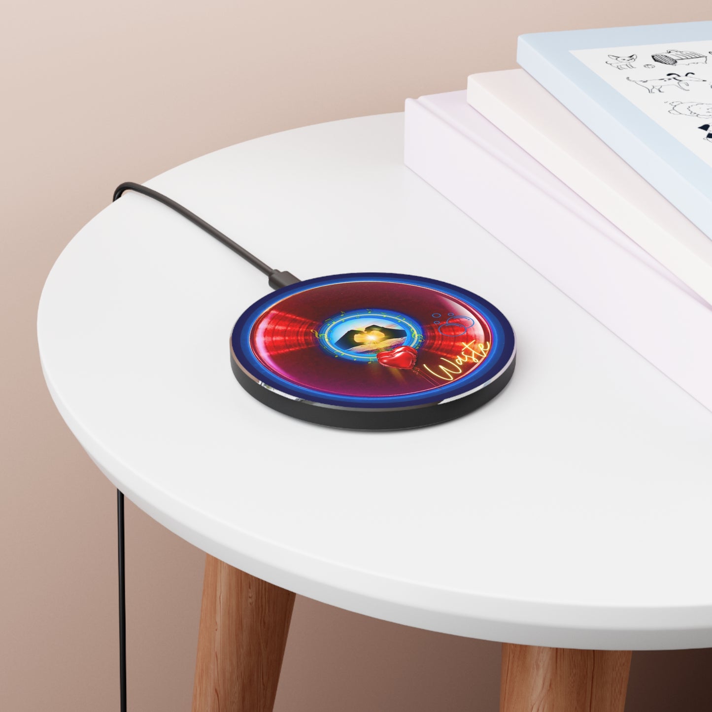 The Flow - Wireless Lumpy Donut Chargers - "Story of the Wireless Donut Charger" - vivid red donut w/navy blue background - variant 2