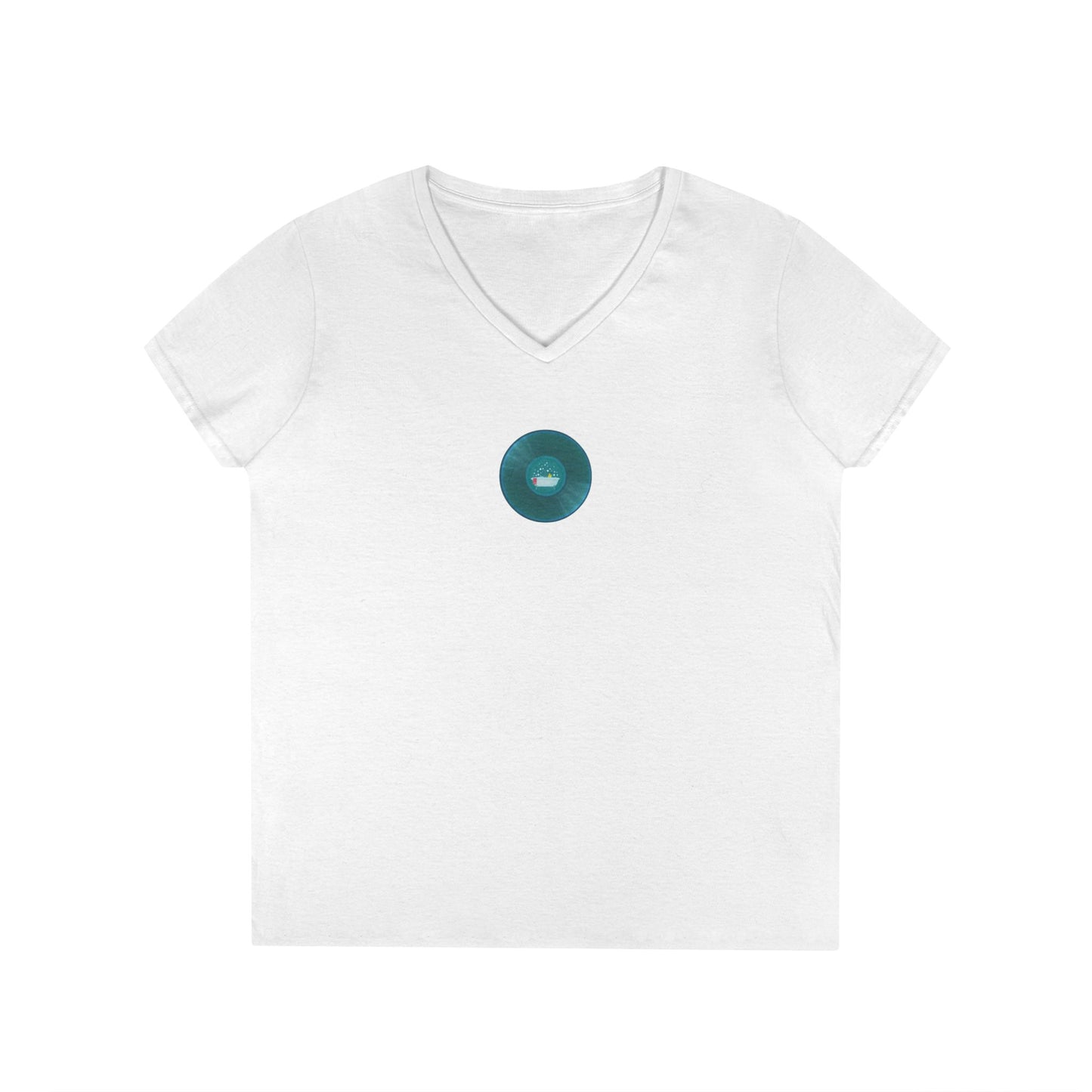 Women's Donut V-Neck Tee - "Bathtub Fun Donut" - vivid aquamarine donuts w/tub