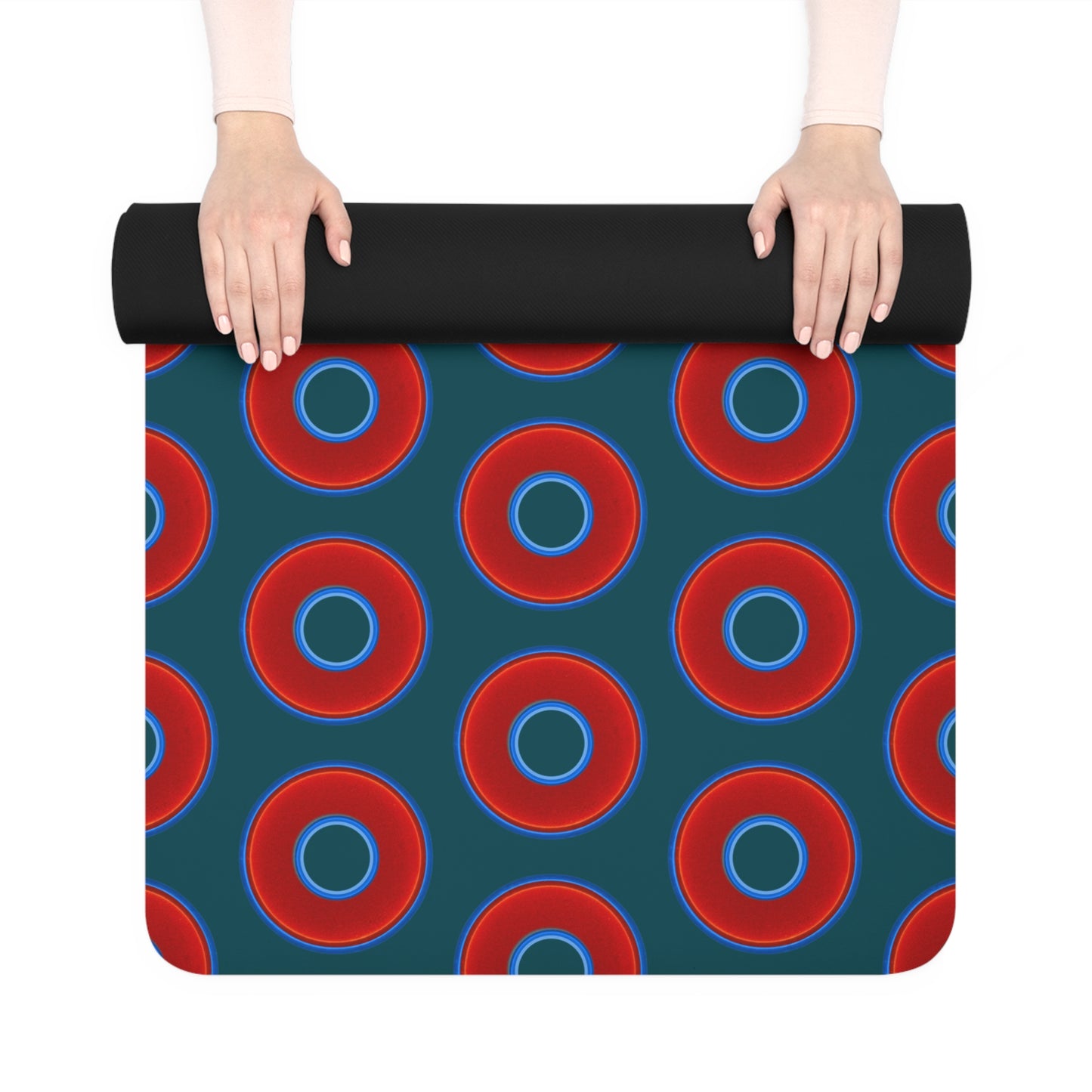 Lumpy Donut Yoga Mat :) - 24″ x 70" - vivid red donut print w/midnight teal green background