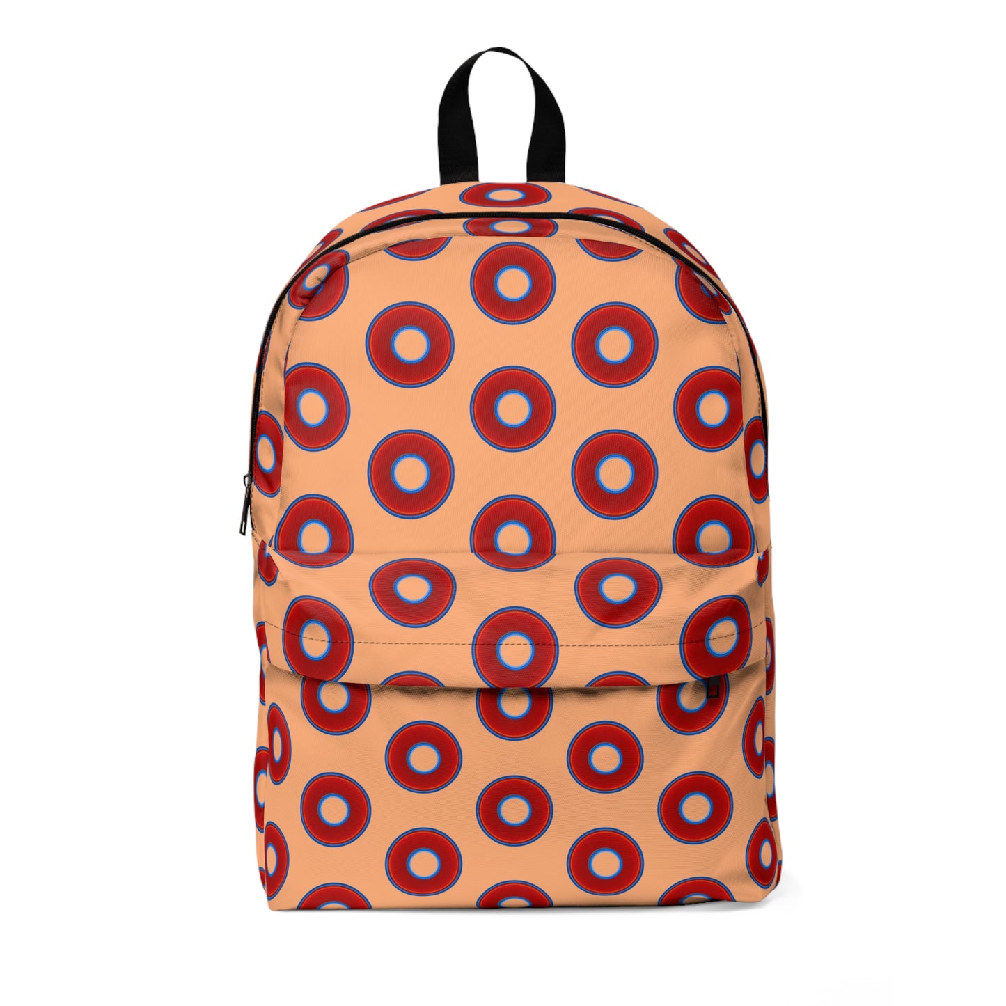 Donut Backpack - red vivid donuts w/Peach background