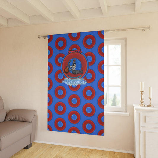 Lump's Heady Curtain w/Donuts - "Lump's Office Curtains" vivid red donut print - w/medium royal blue background - [*1 Piece / 50" x 84"]