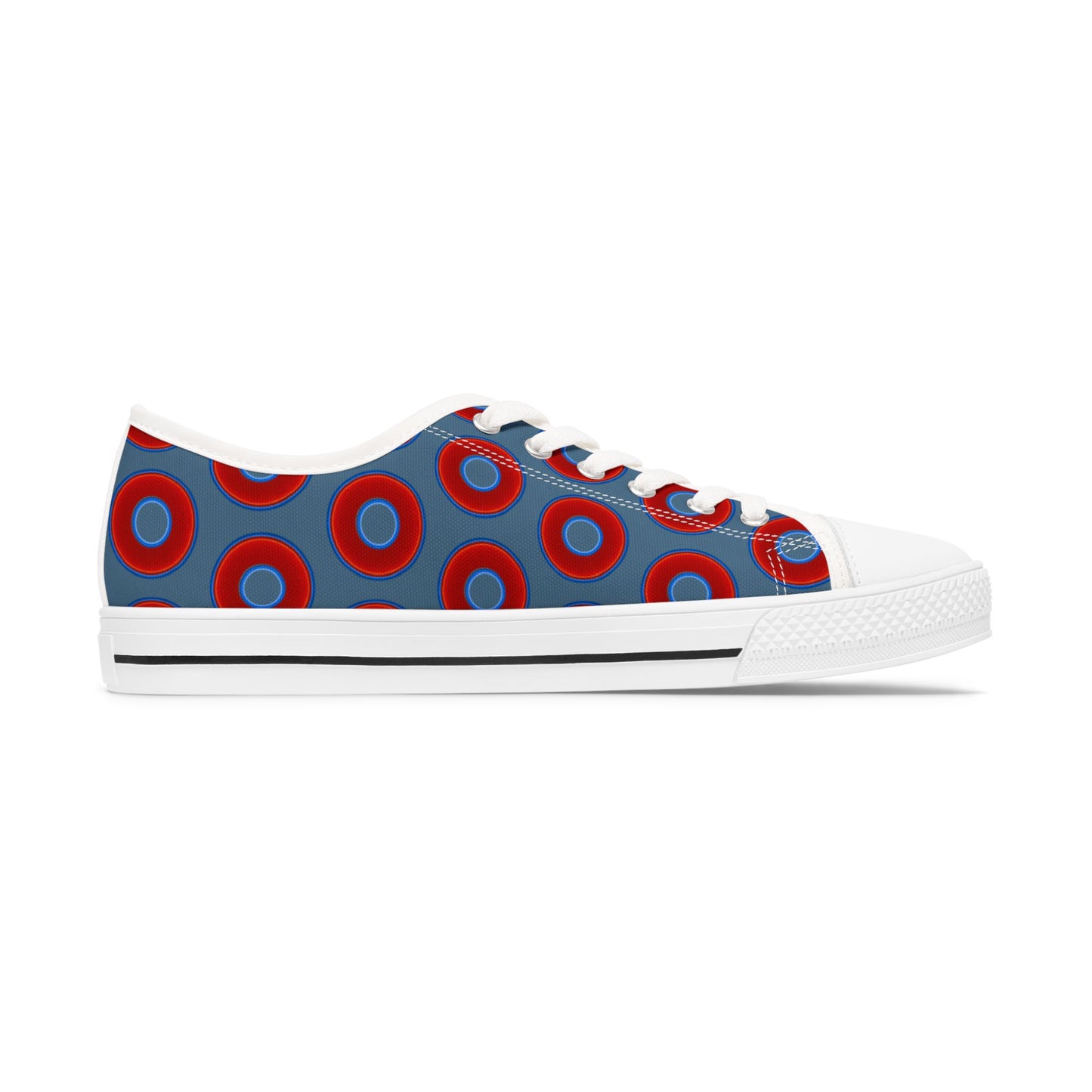 Women's - Low Top Chuck Taylors - large vivid red donut print w/steel bleu background