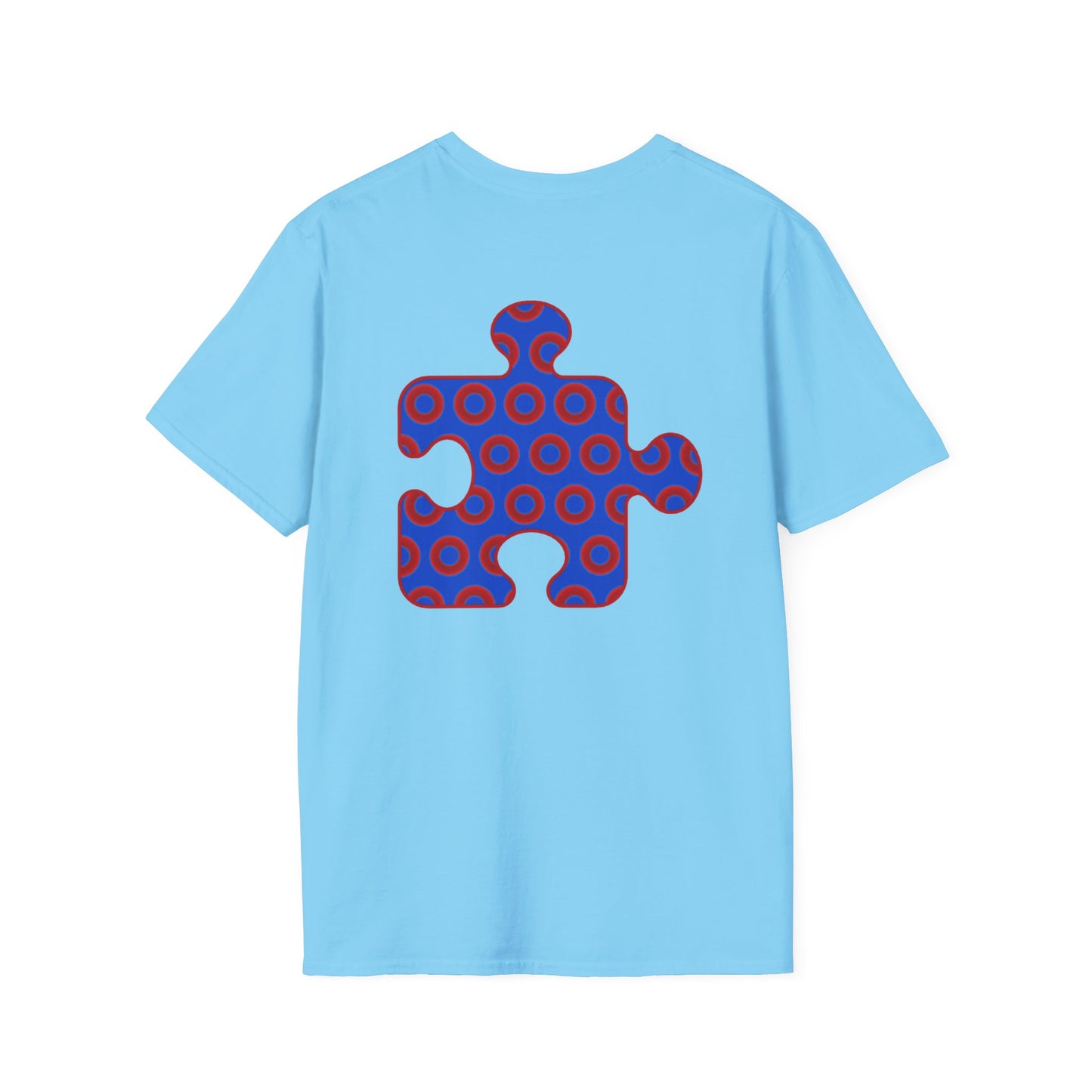 Classic Donut Tee - Unisex Soft-Style - "Trey's Completed Donut Pattern" - vivid red/blue puzzle pattern - variant 2