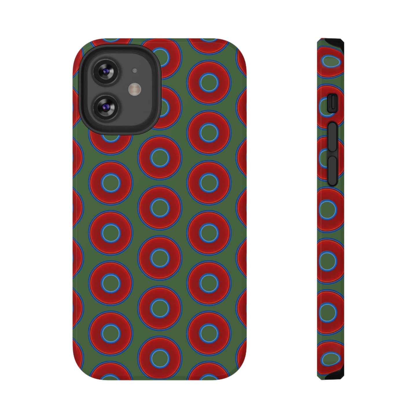 Impact-Resistant Lumpy Donut Case - red vivid donut print w/dark green background