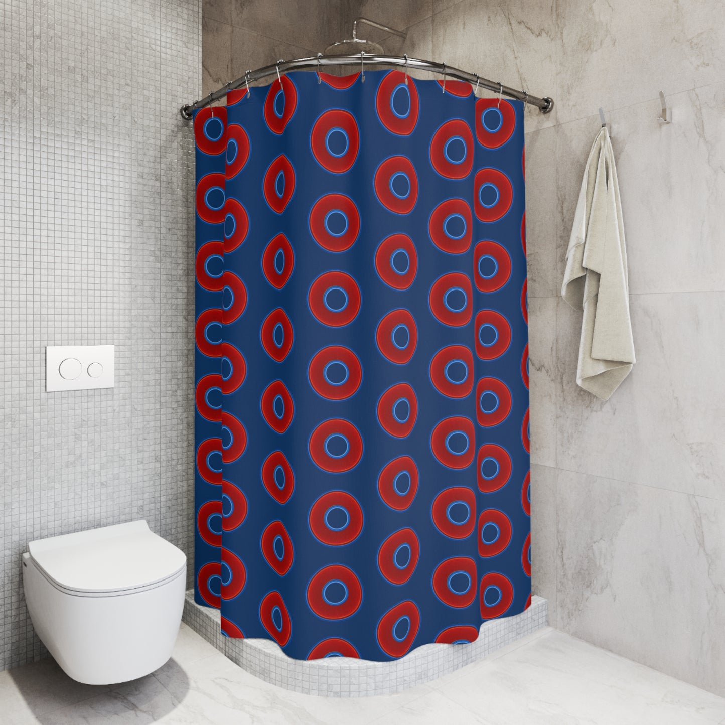 The Curtain With "Donuts" - Lumpy Bath Time Fun - vivid red donuts w/Atlantic navy background
