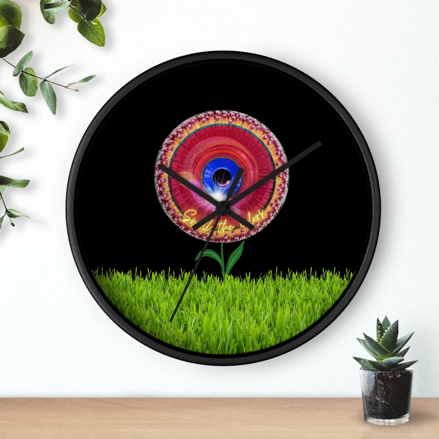 Lumpy Wall Clock - "Smell the Donuts Outside" - variant 2 - red vivid flour donut w/black background