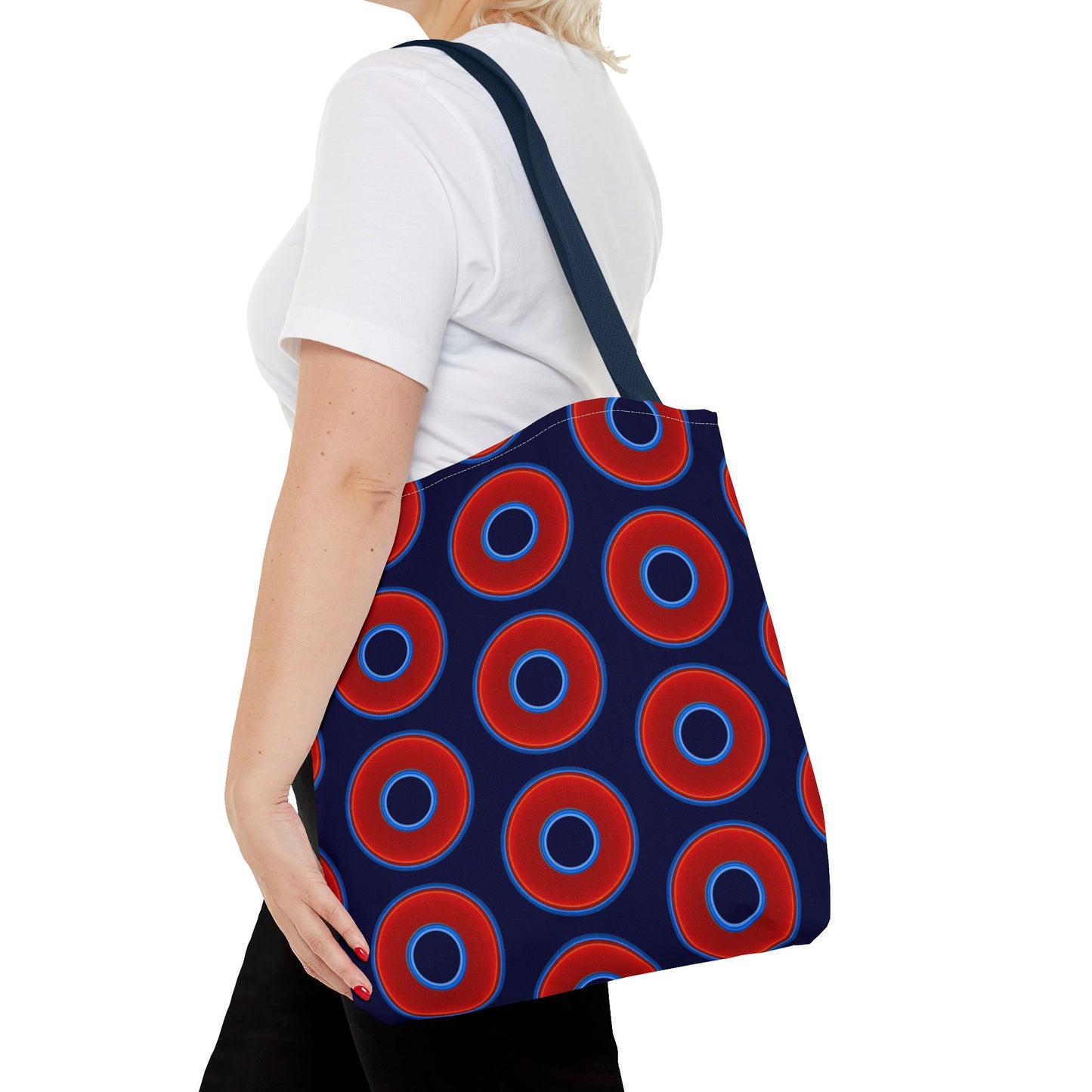 Lumpy Beach/Tote Bag - red vivid donuts w/midnight blue background