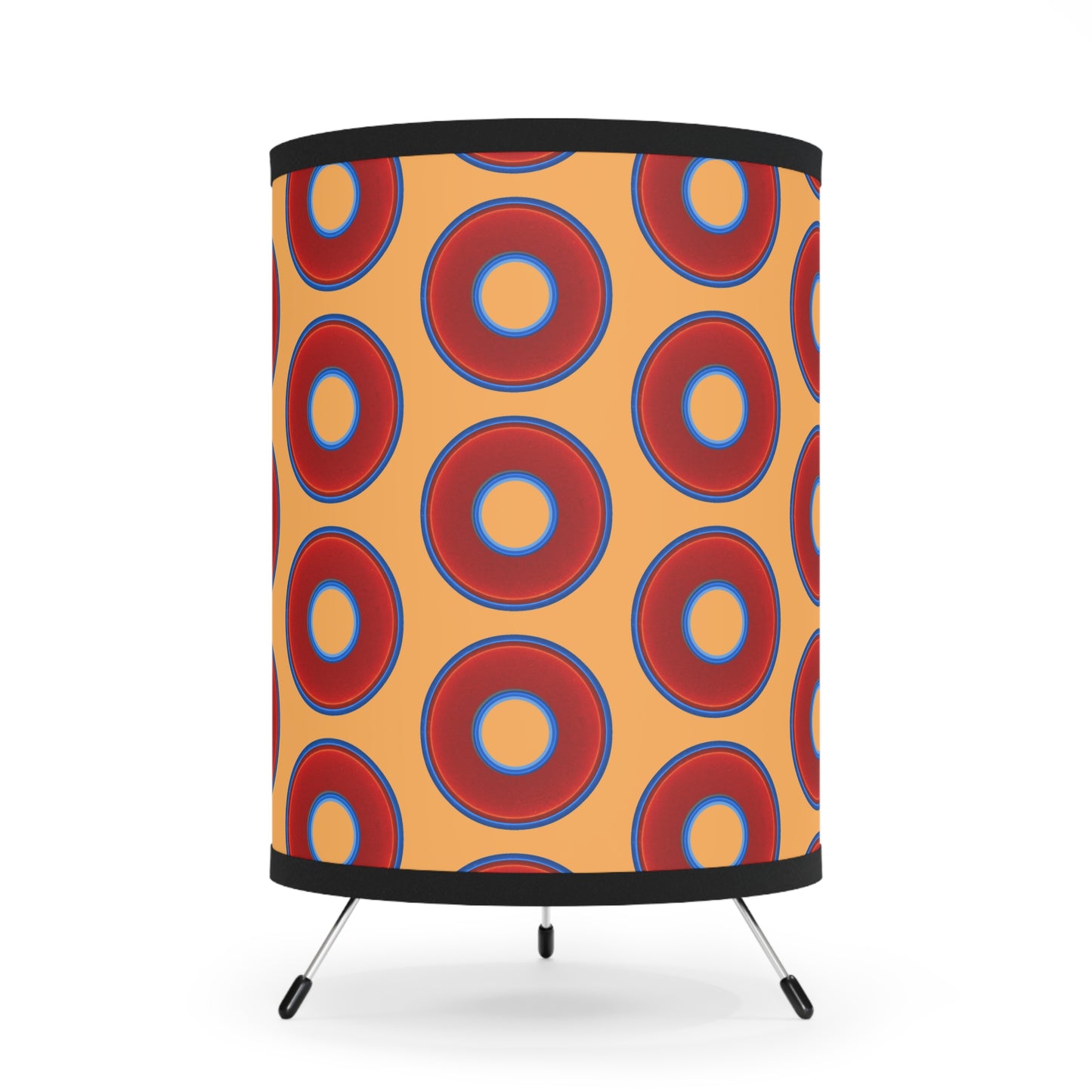 Lumpy Tripod Donut Lamp - vivid red donuts w/creamsicle orange background