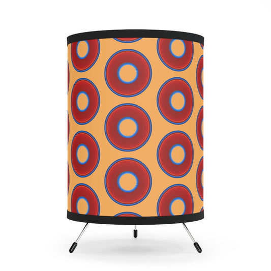 Lumpy Tripod Donut Lamp - vivid red donuts w/creamsicle orange background