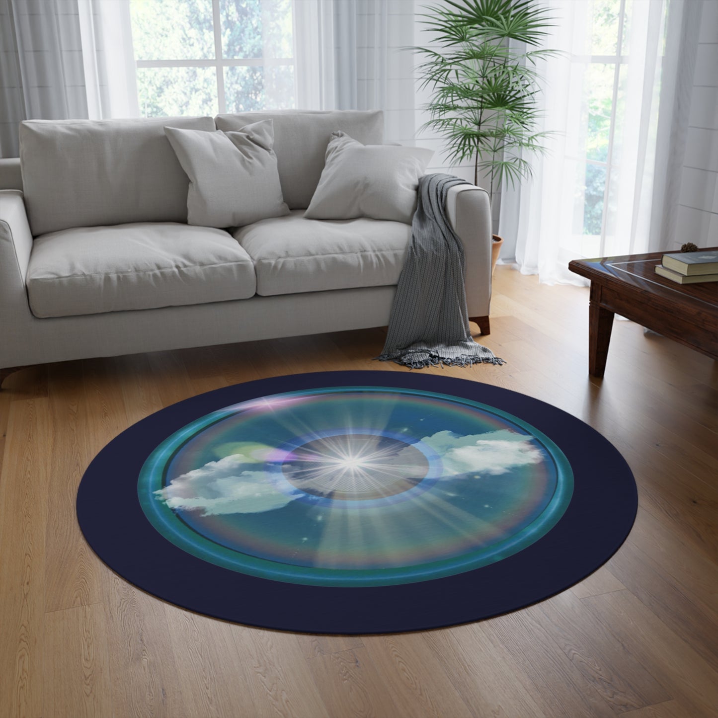 Round Room - 5 ft x 5 ft Lumpy Donut Rug - "The Divided Donut Rug" - vivid sky donut w/black background - variant 1 - [*Charitable Donut]