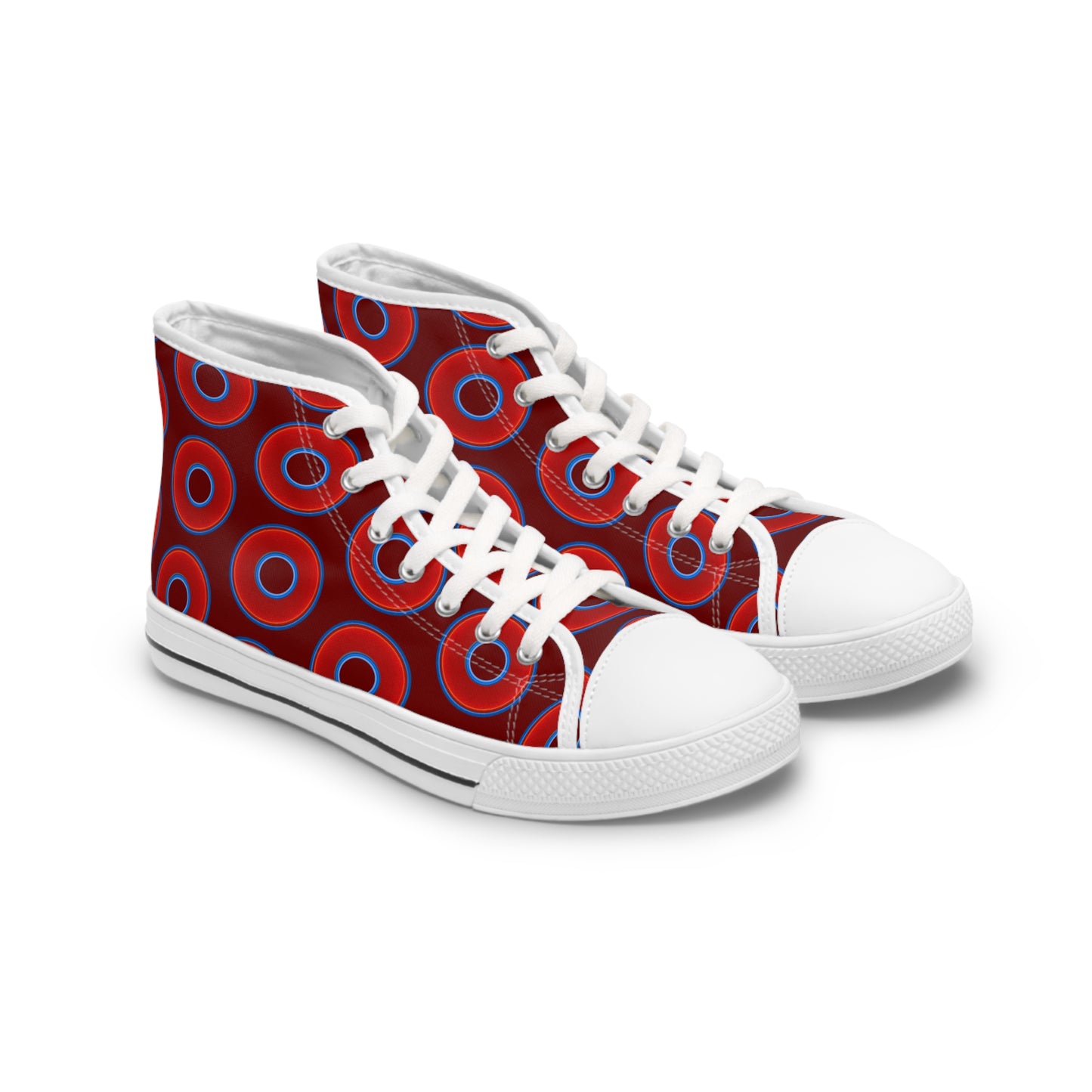 Women's High Top Chuck Taylors - large vivid red donut print w/dark red background