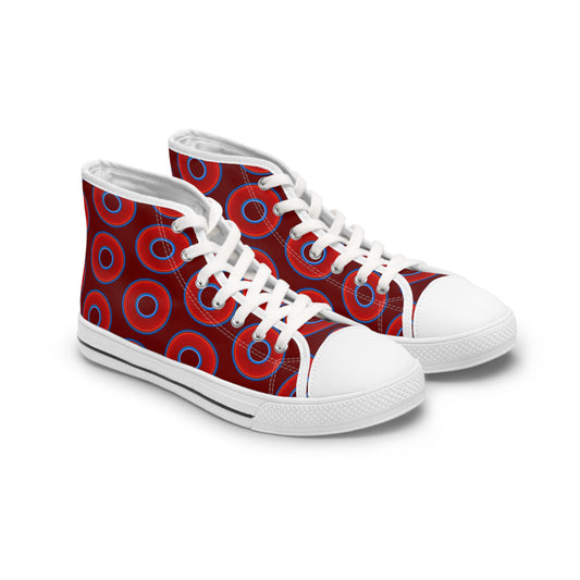 Women's High Top Chuck Taylors - large vivid red donut print w/dark red background