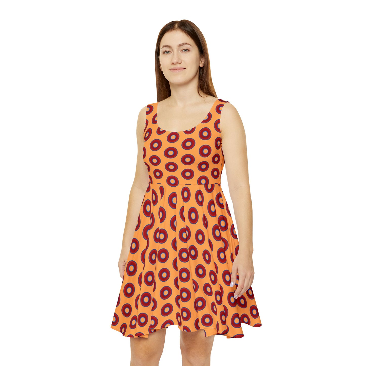 Women's Skater Donut Dress - vivid red donut print w/creamsicle orange background