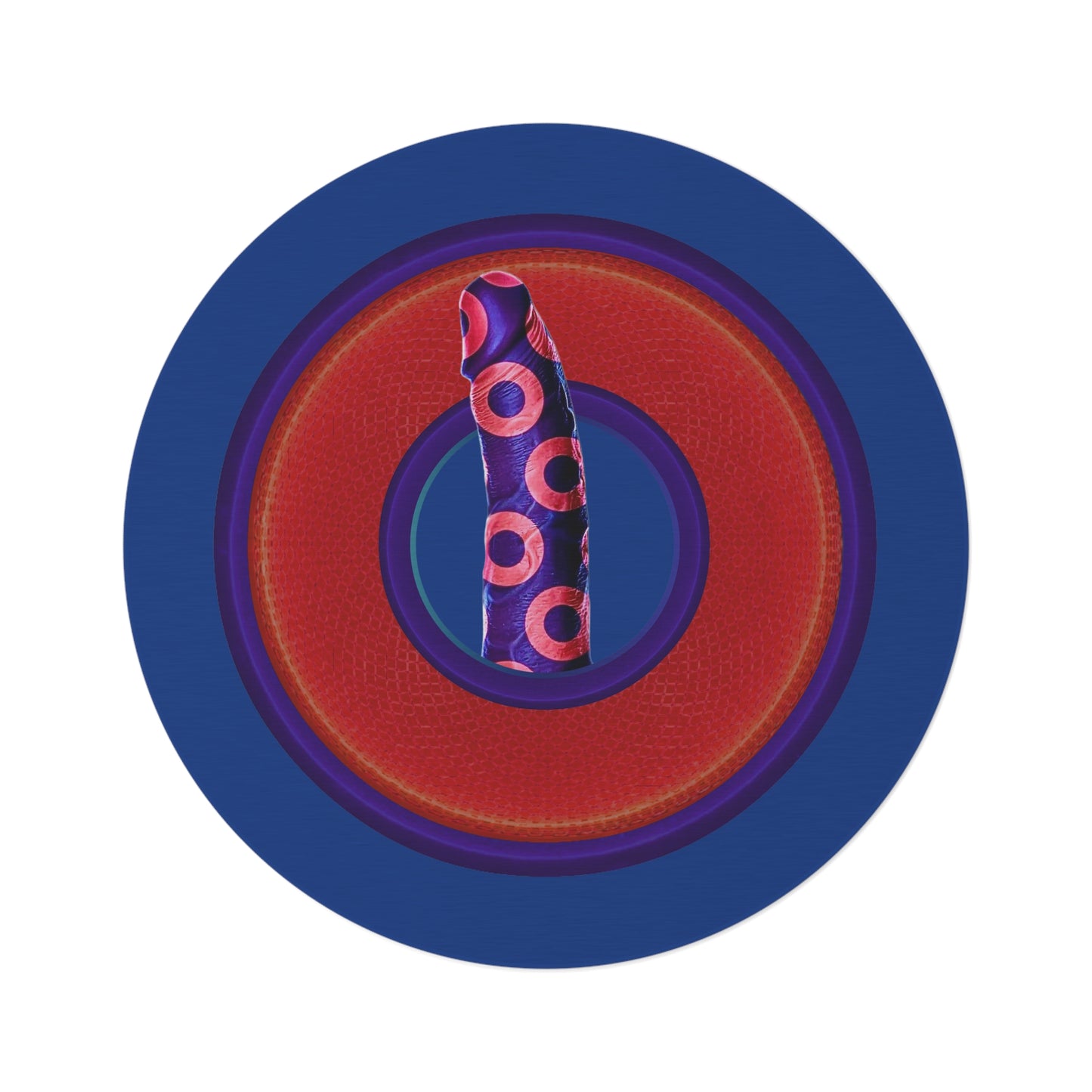 Round Room - 5 ft x 5 ft Lumpy Donut Rug - "Sir Richard's Phamous Donut Rug" - rustic red/blue donut w/dark blue background - variant 2