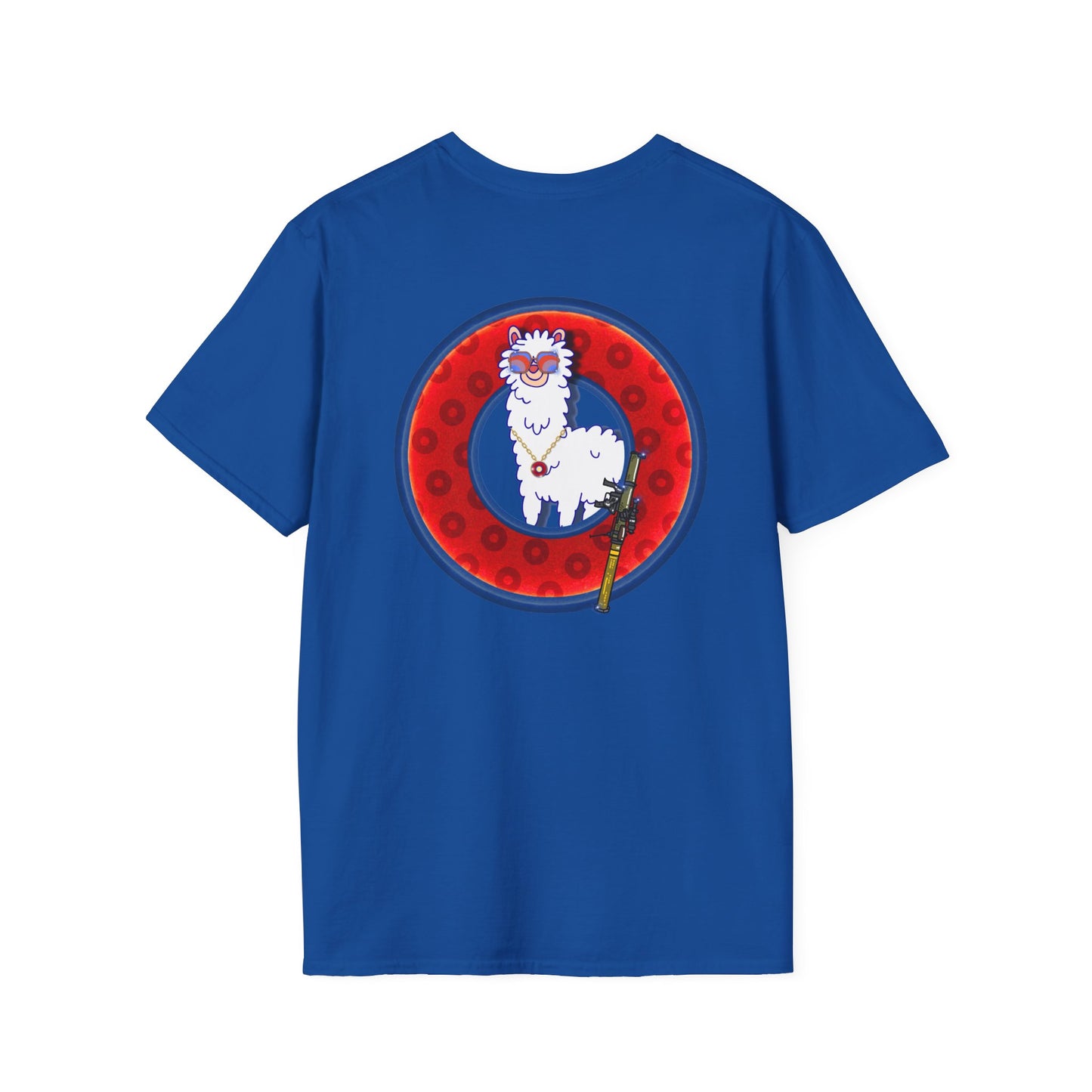 Classic Donut Tee - Unisex Soft-Style - "Medium Paced Llama Donut" - red/blue widemouthed paradox donut