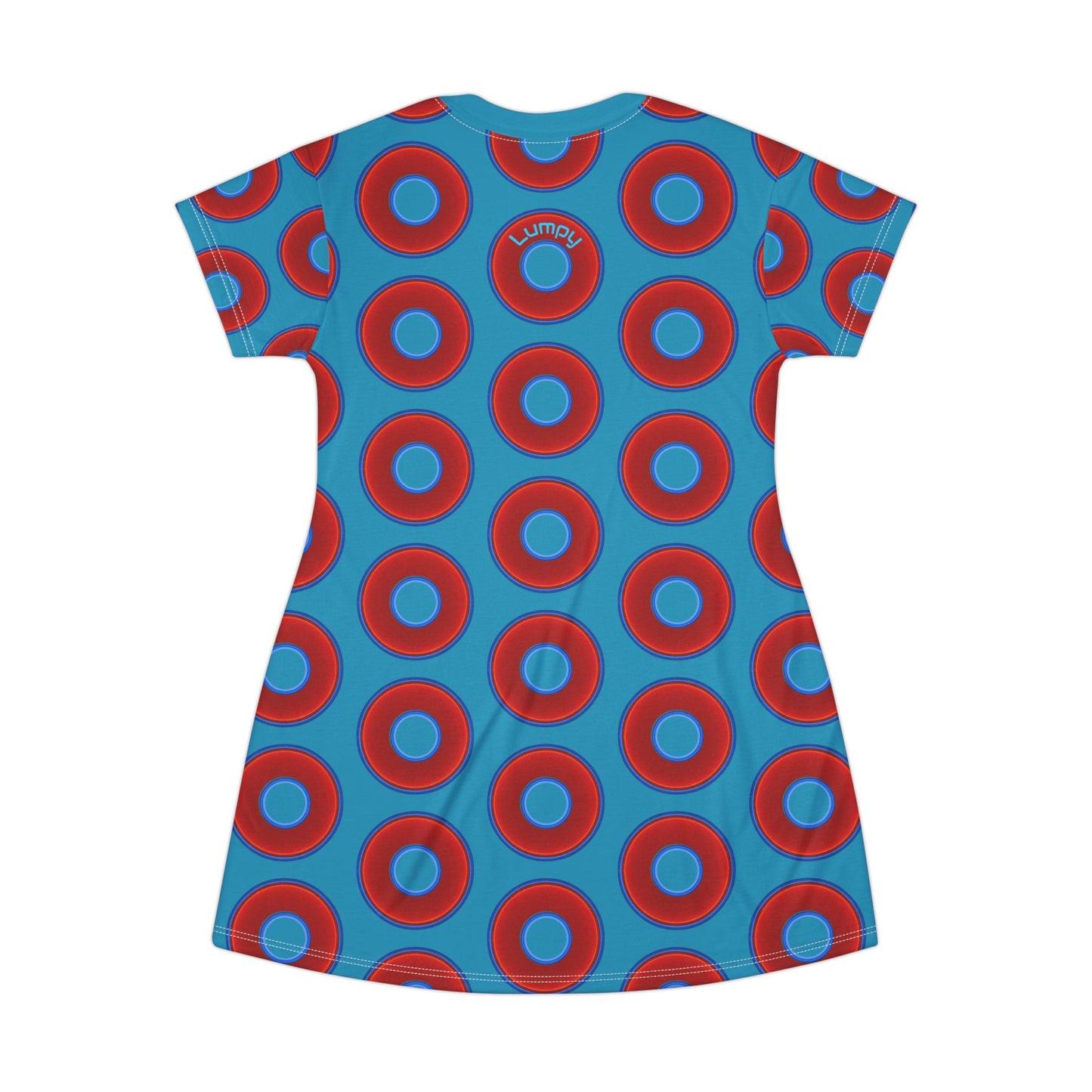 Not a Muumuu AOP Tee Shirt Dress - red vivid donuts w/aquamarine blue background