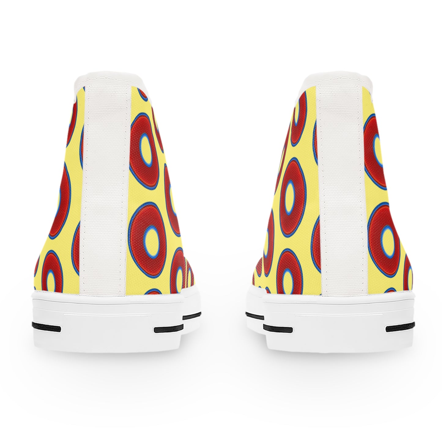 Women's High Top Chuck Taylors - large vivid red donut print w/yellow background
