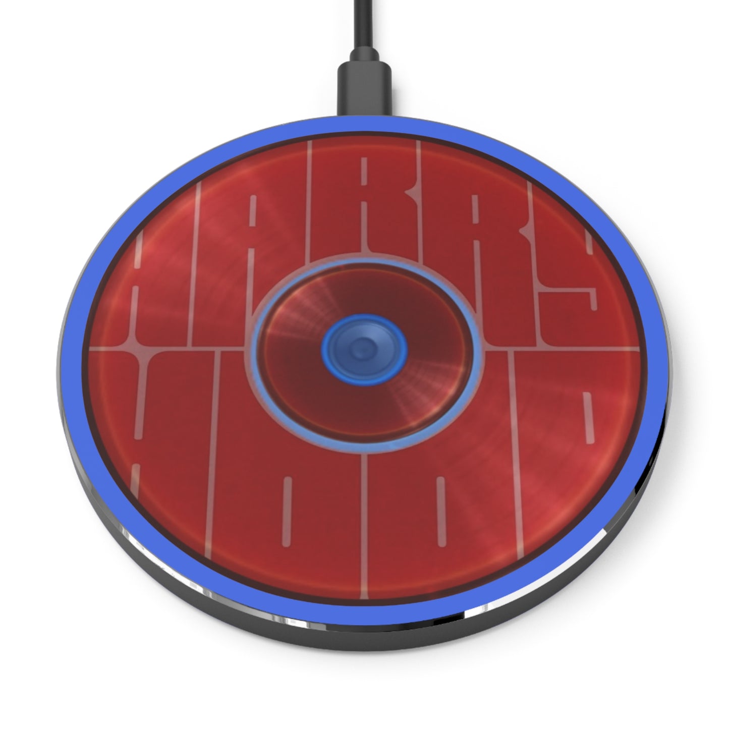 The Flow - Wireless Lumpy Donut Chargers - "Hoodlum's Donut Charger" - vivid red word donut w/royal blue background - variant 4